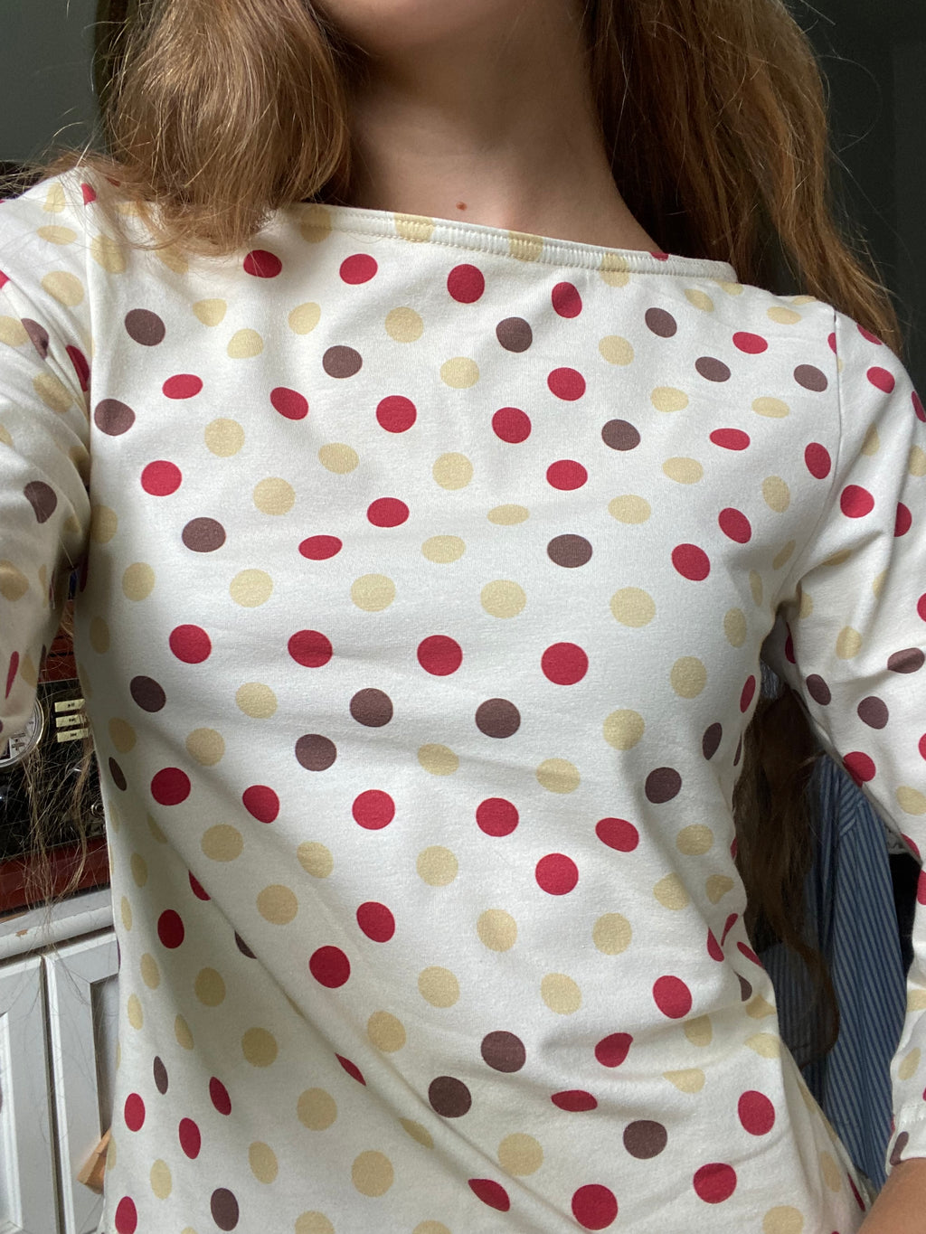red & brown polka dot long sleeve top