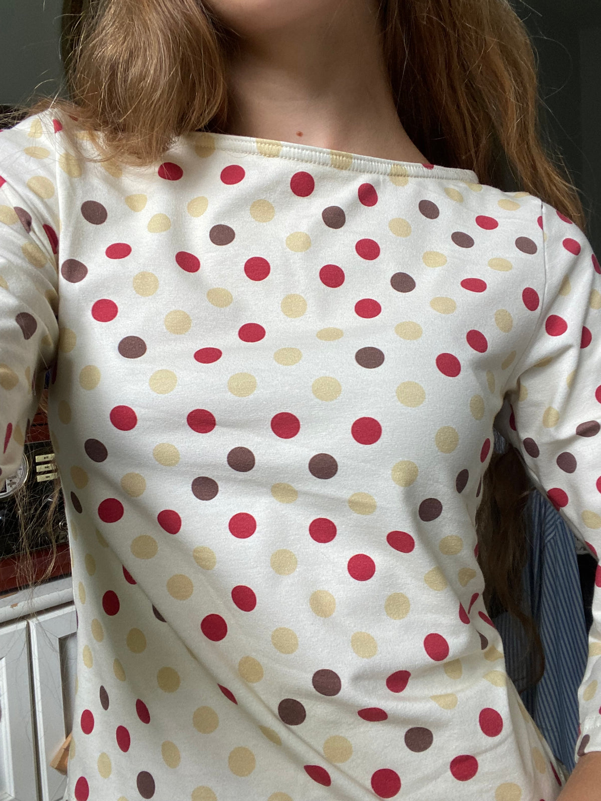 red & brown polka dot long sleeve top