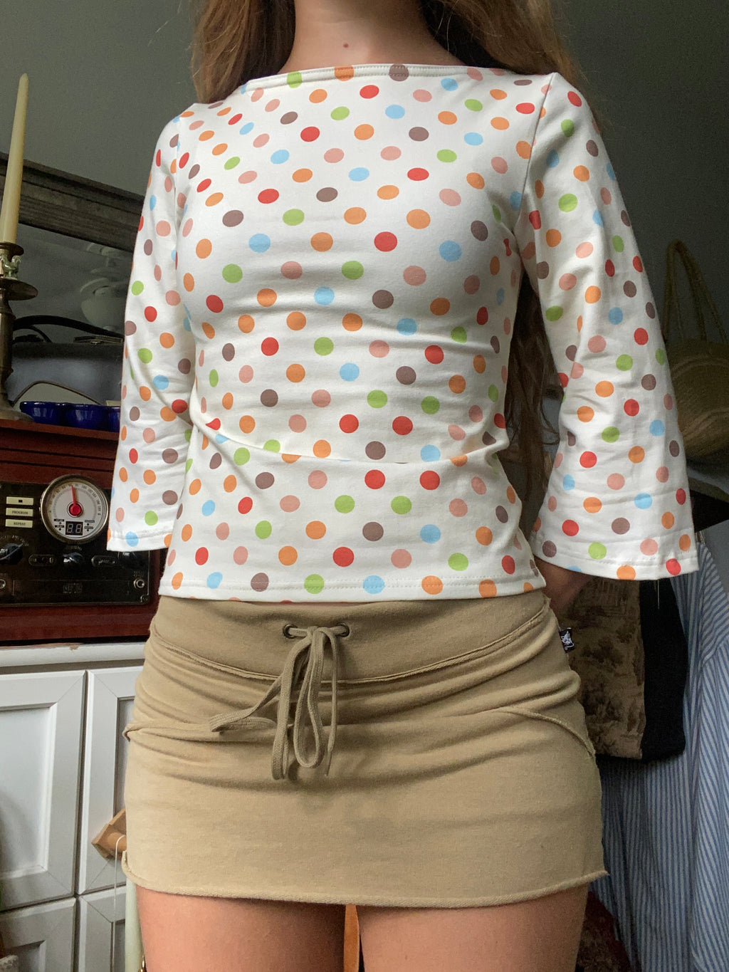 multicolored large polka dot long sleeve top