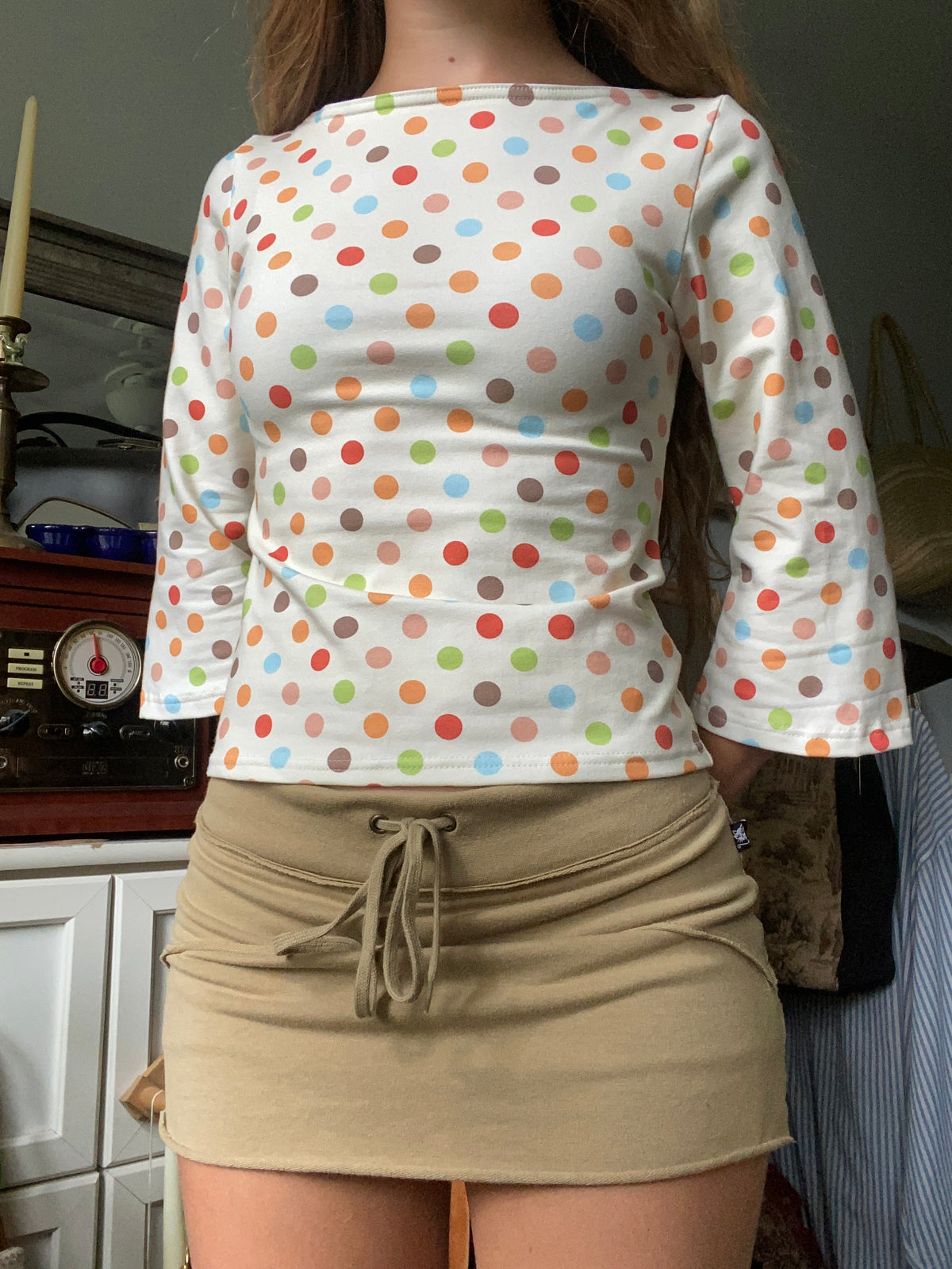 multicolored large polka dot long sleeve top