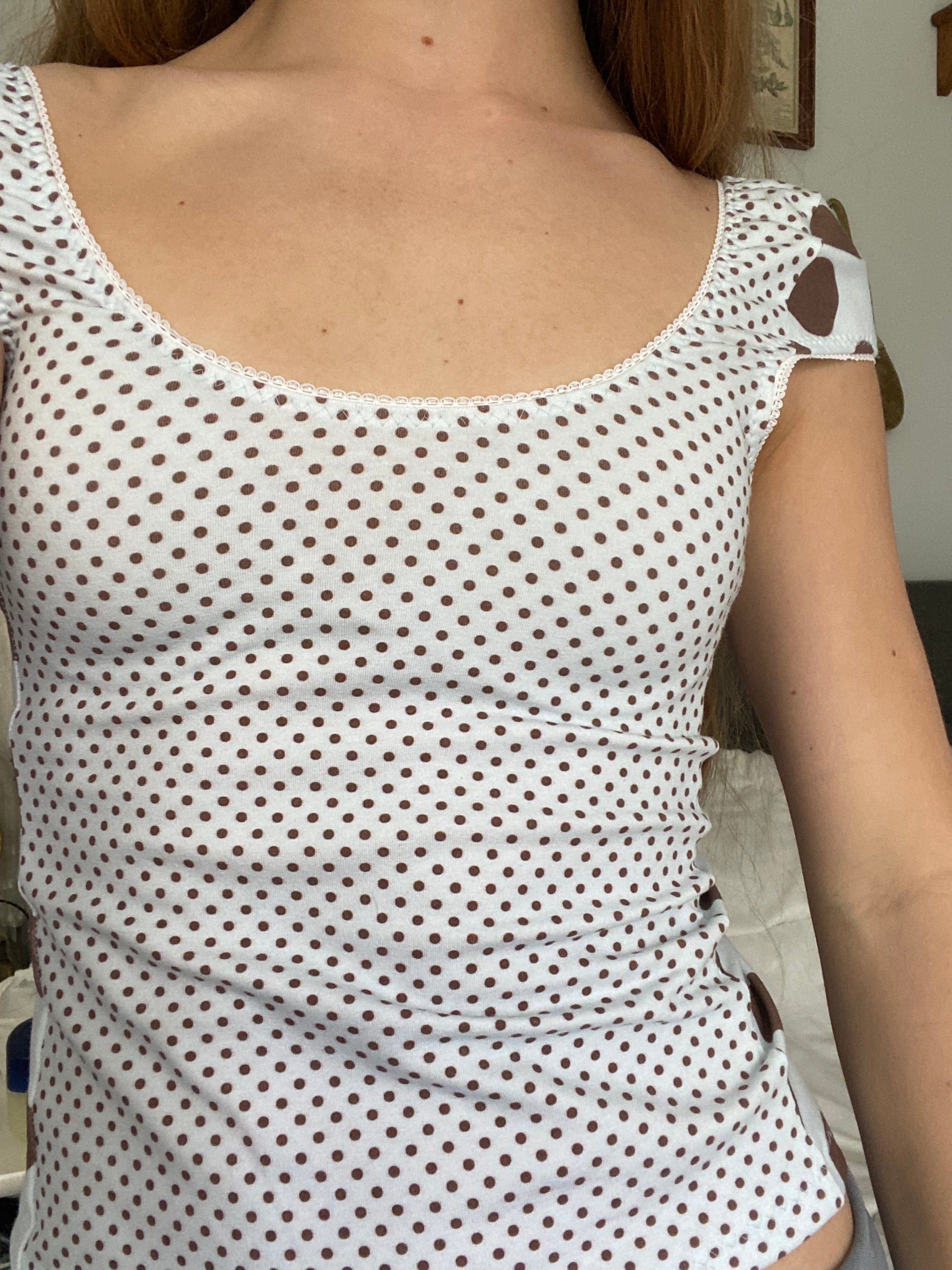 tiny blue & brown polka dot top