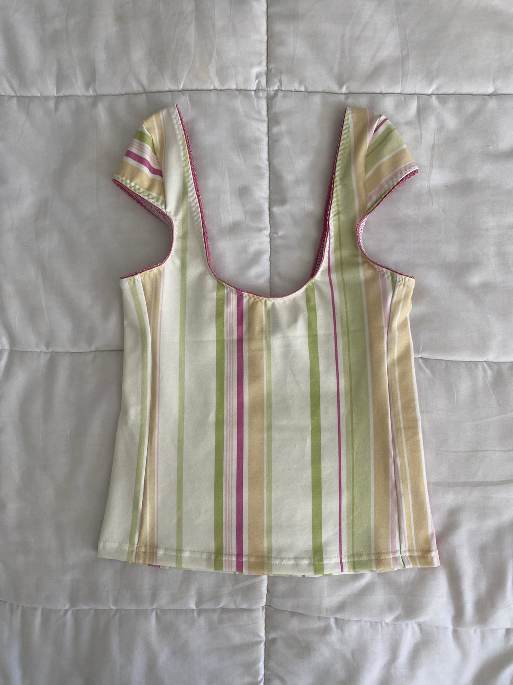 yellow/green/pink striped top