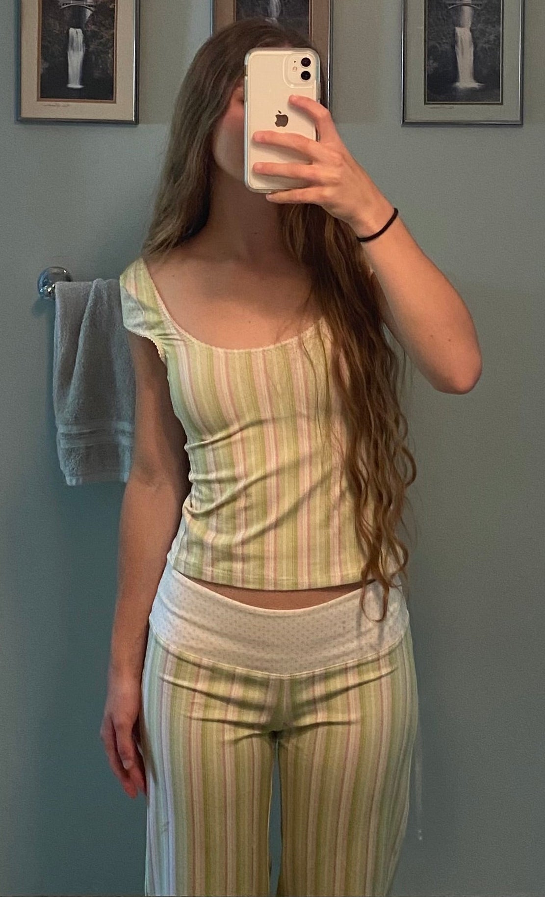 green & pink striped/polka dot pants