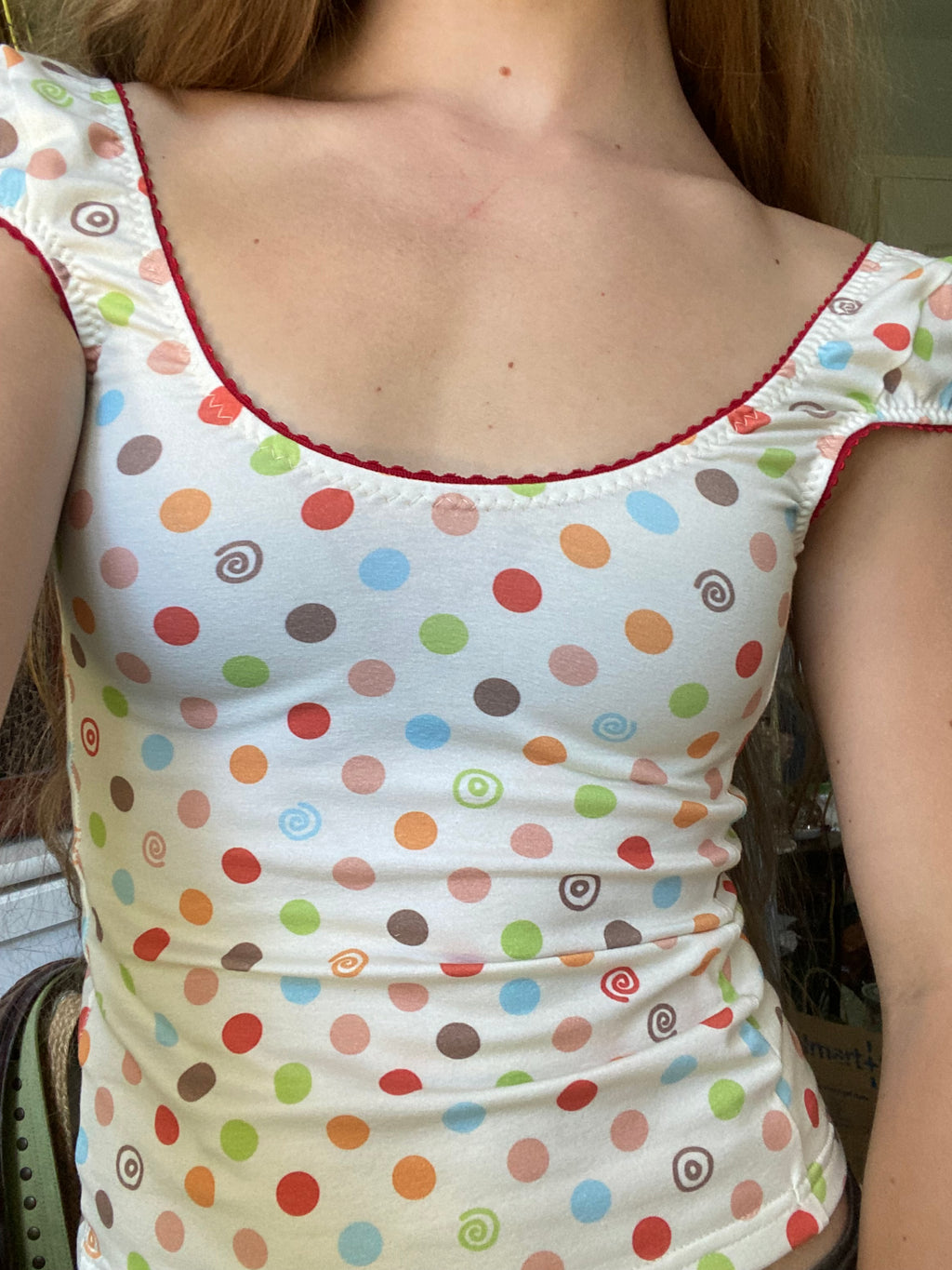 multicolored large polka dot & swirl top