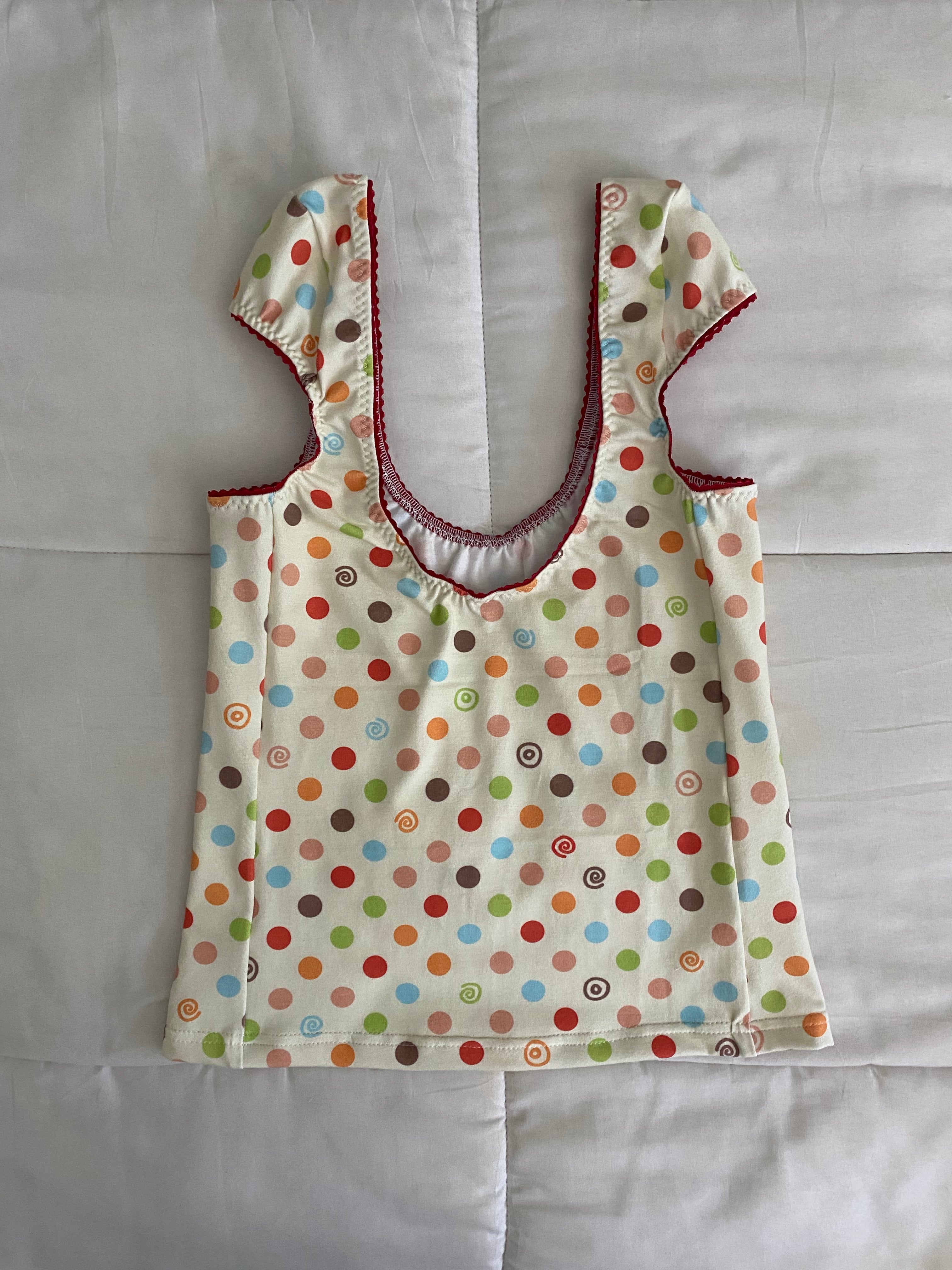 multicolored large polka dot & swirl top