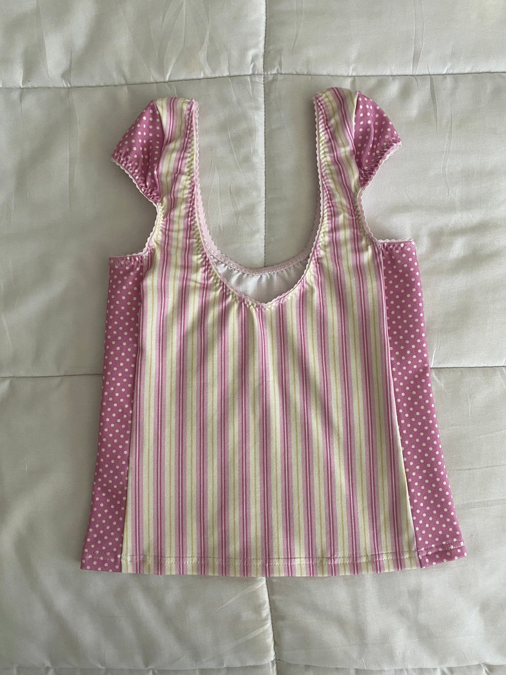 yellow & dark pink stripe/polka dot top