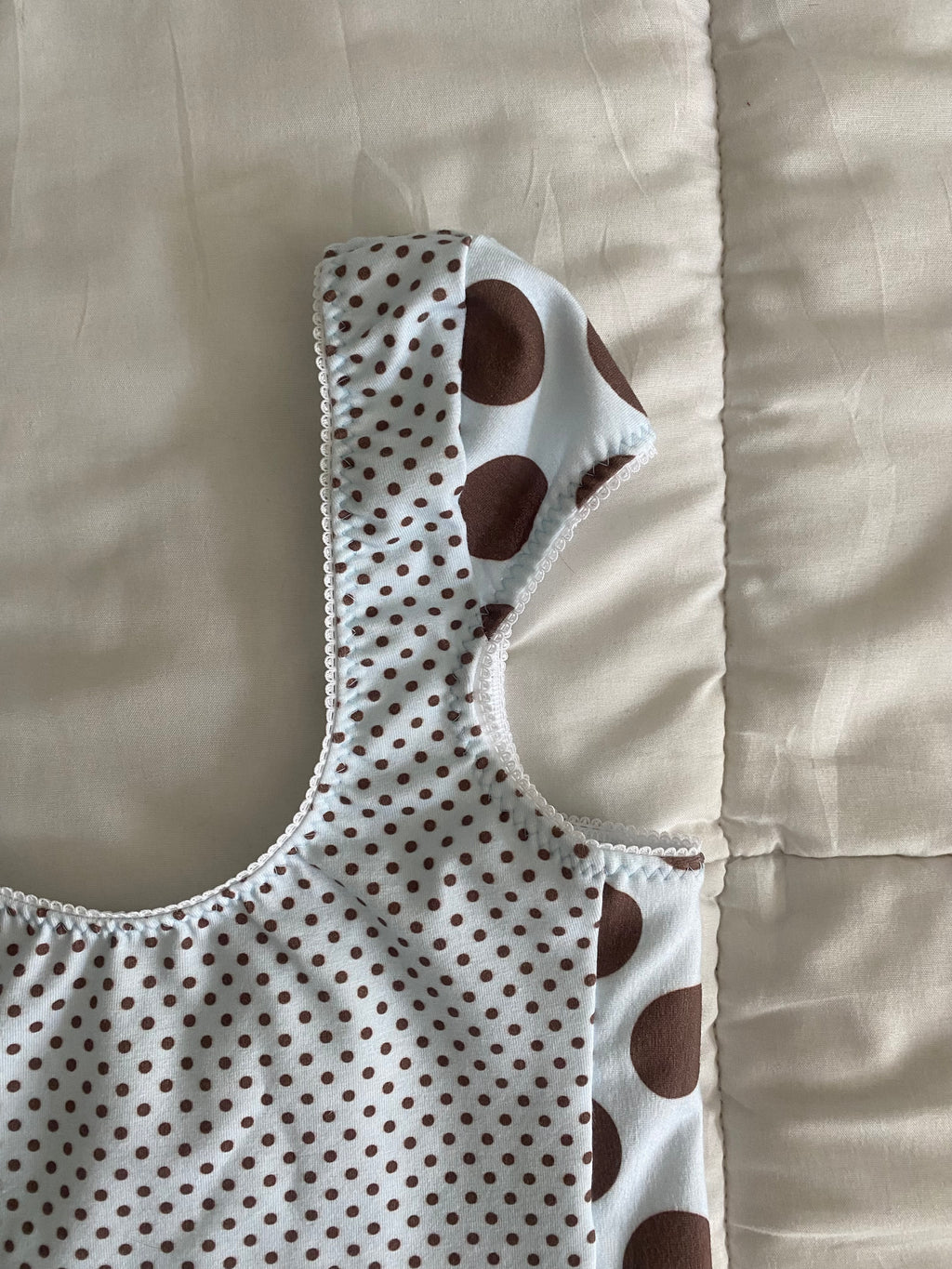 tiny blue & brown polka dot top