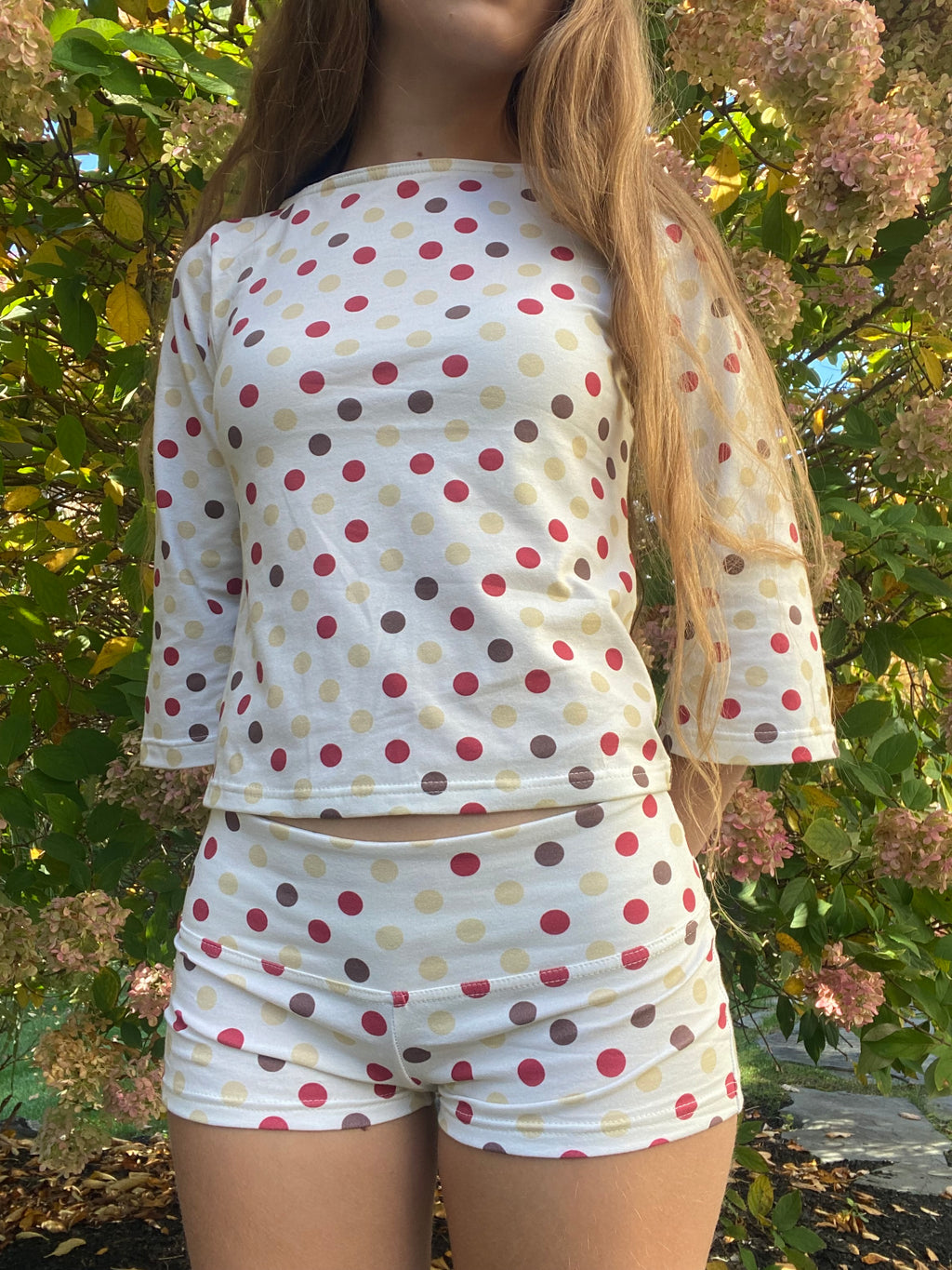 red & brown polka dot shorts