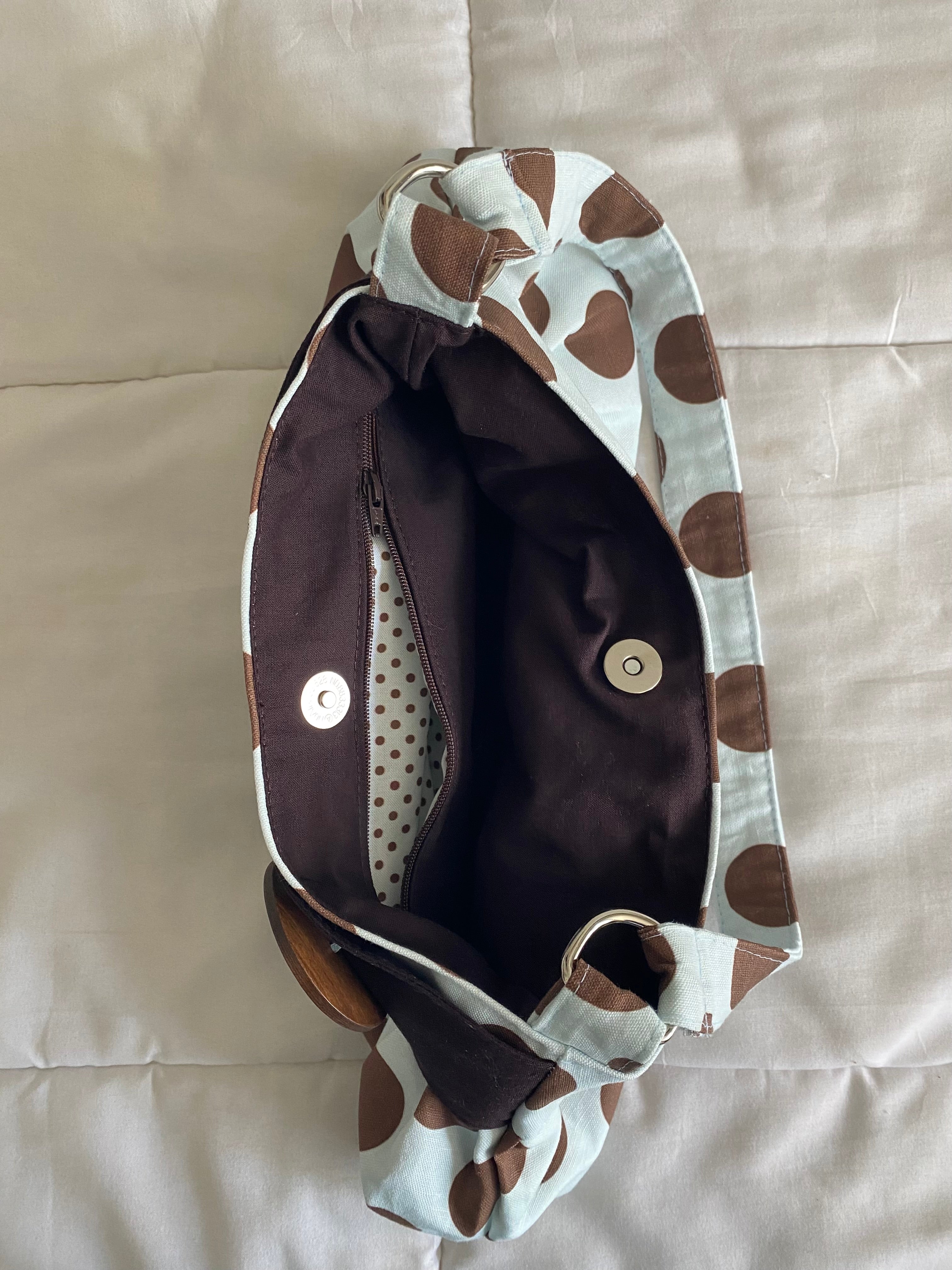 brown & blue large polka dot purse with button
