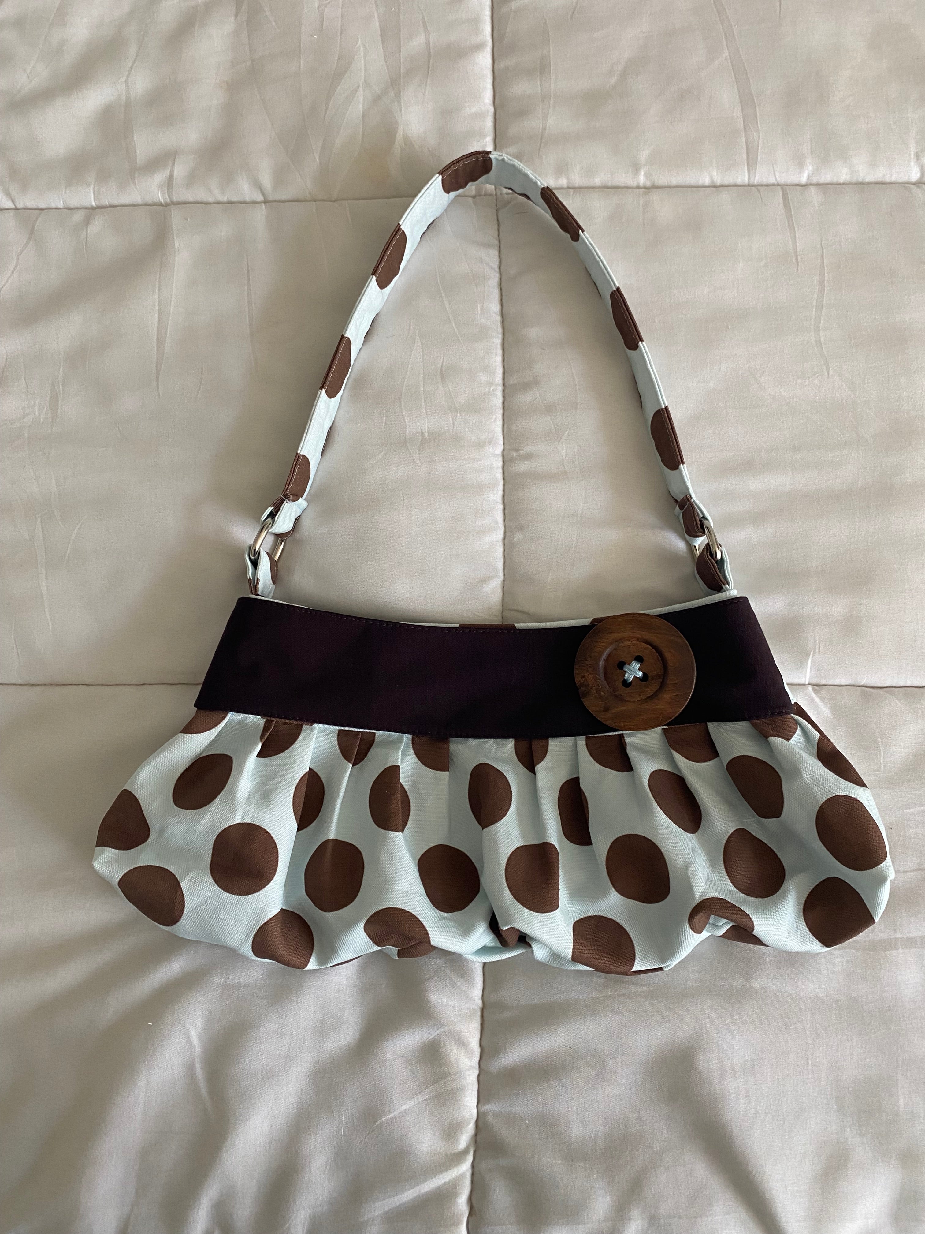 brown & blue large polka dot purse with button