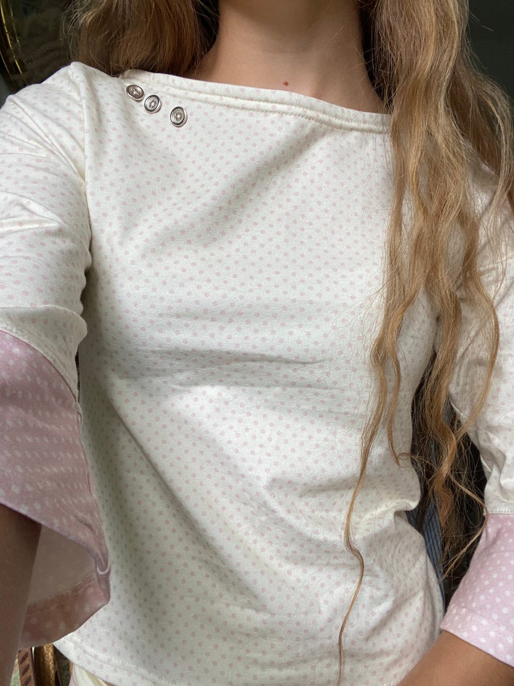 pink & cream silver button long sleeve top