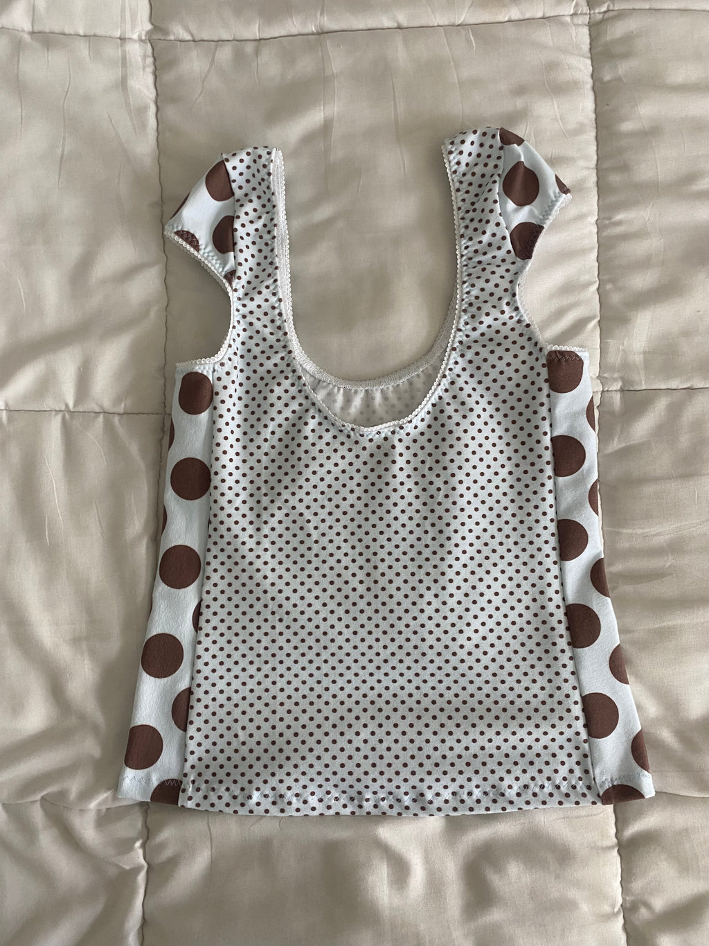 tiny blue & brown polka dot top