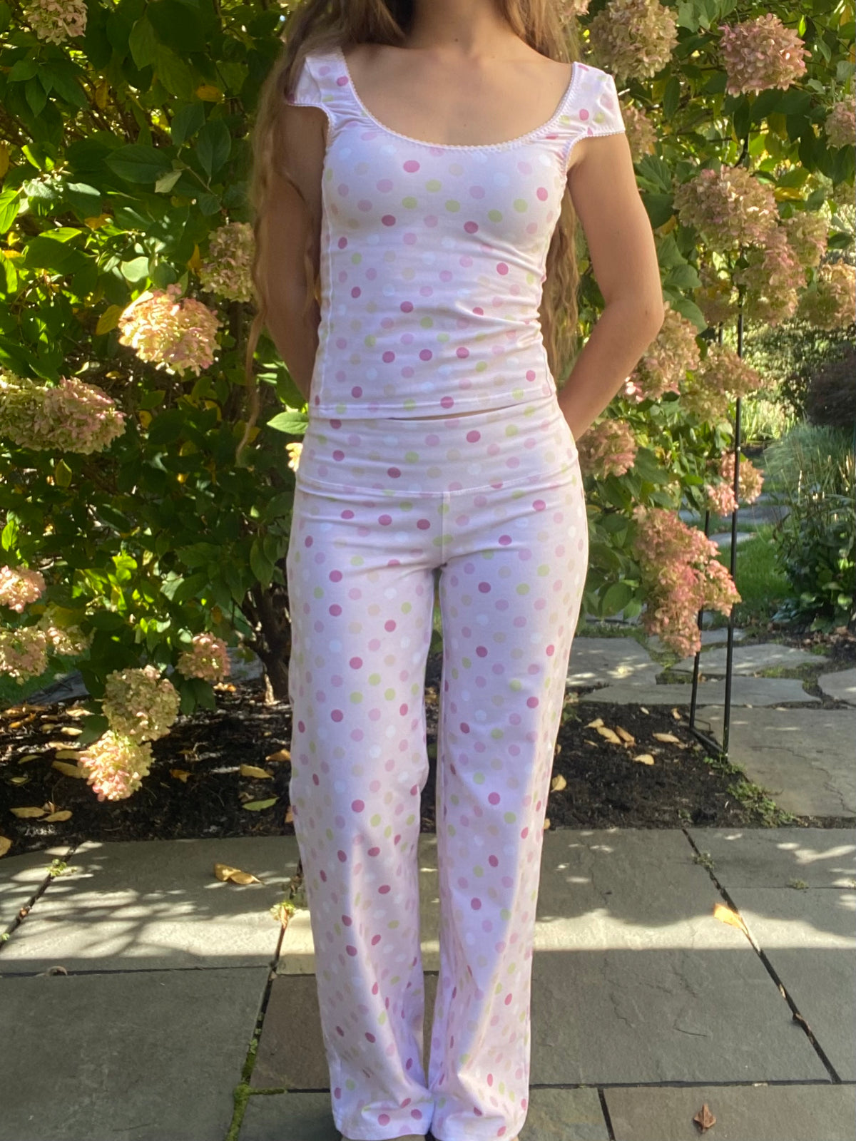 large polka dot pants in pink