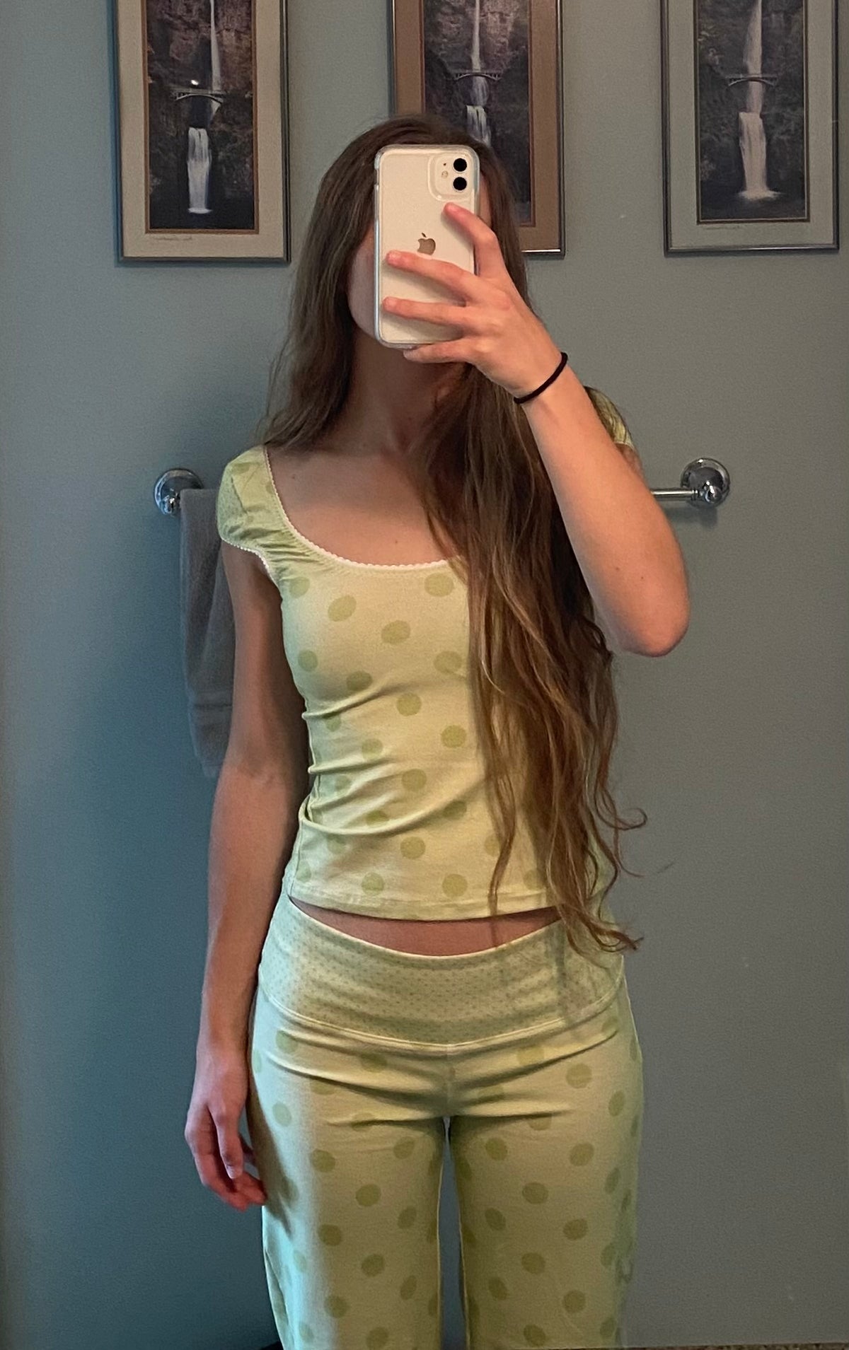 green polka dot pants