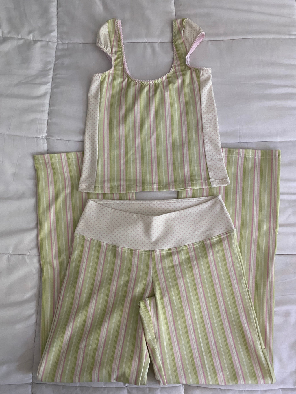 green and pink striped/polka dot pants