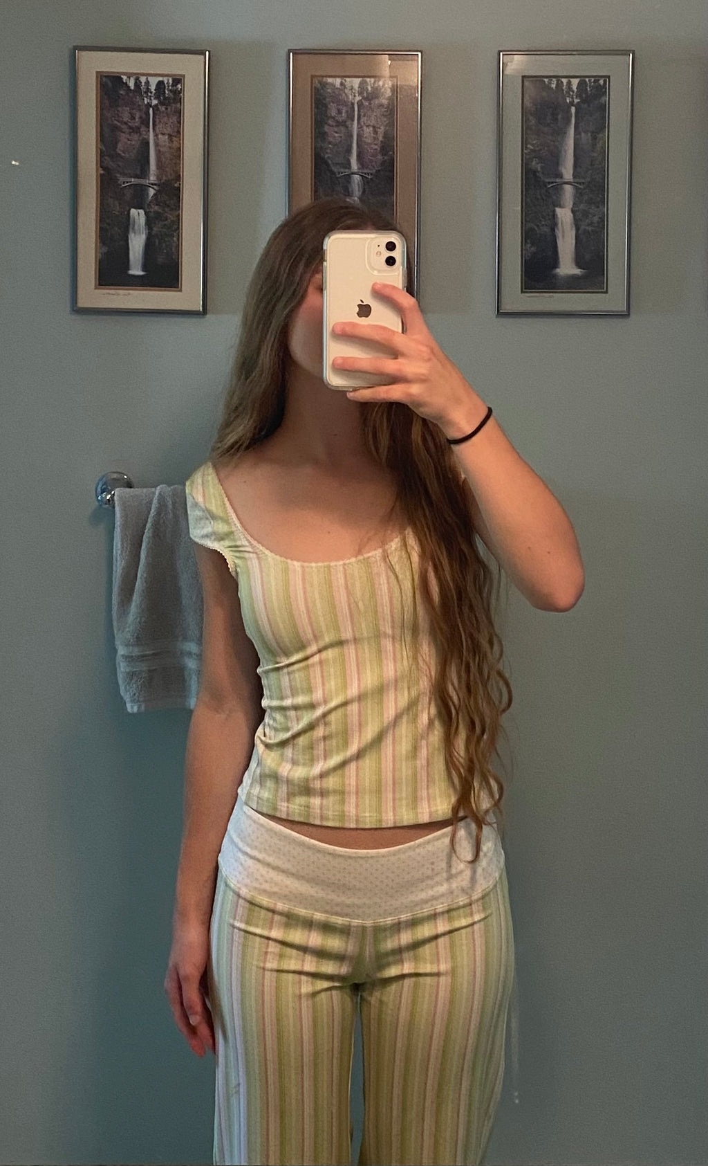 green and pink striped/polka dot pants