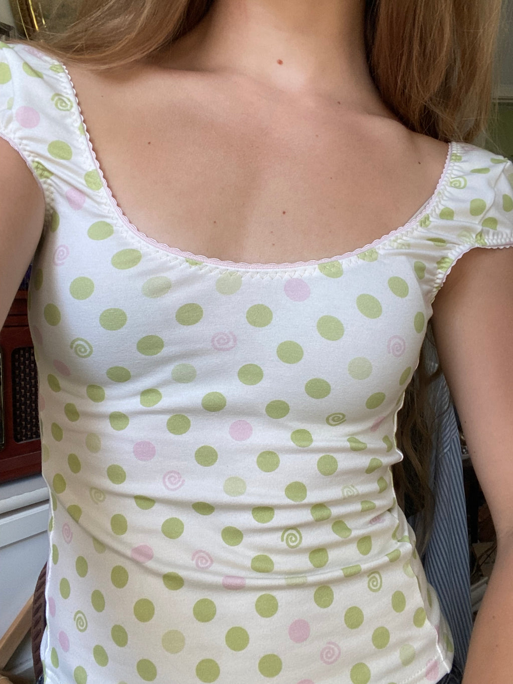 green & pink dotted/swirl top