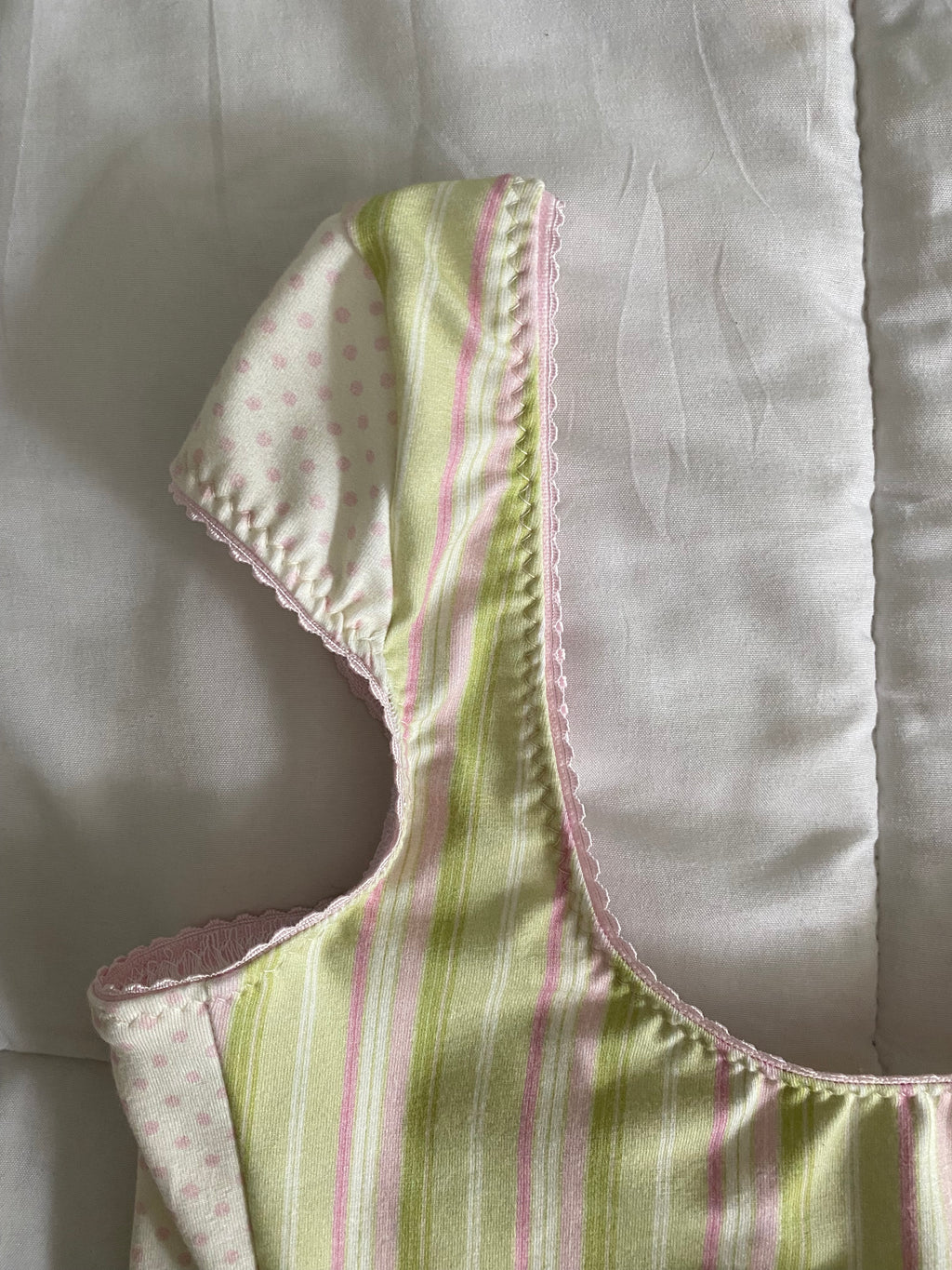 green & pink striped/polka dot top